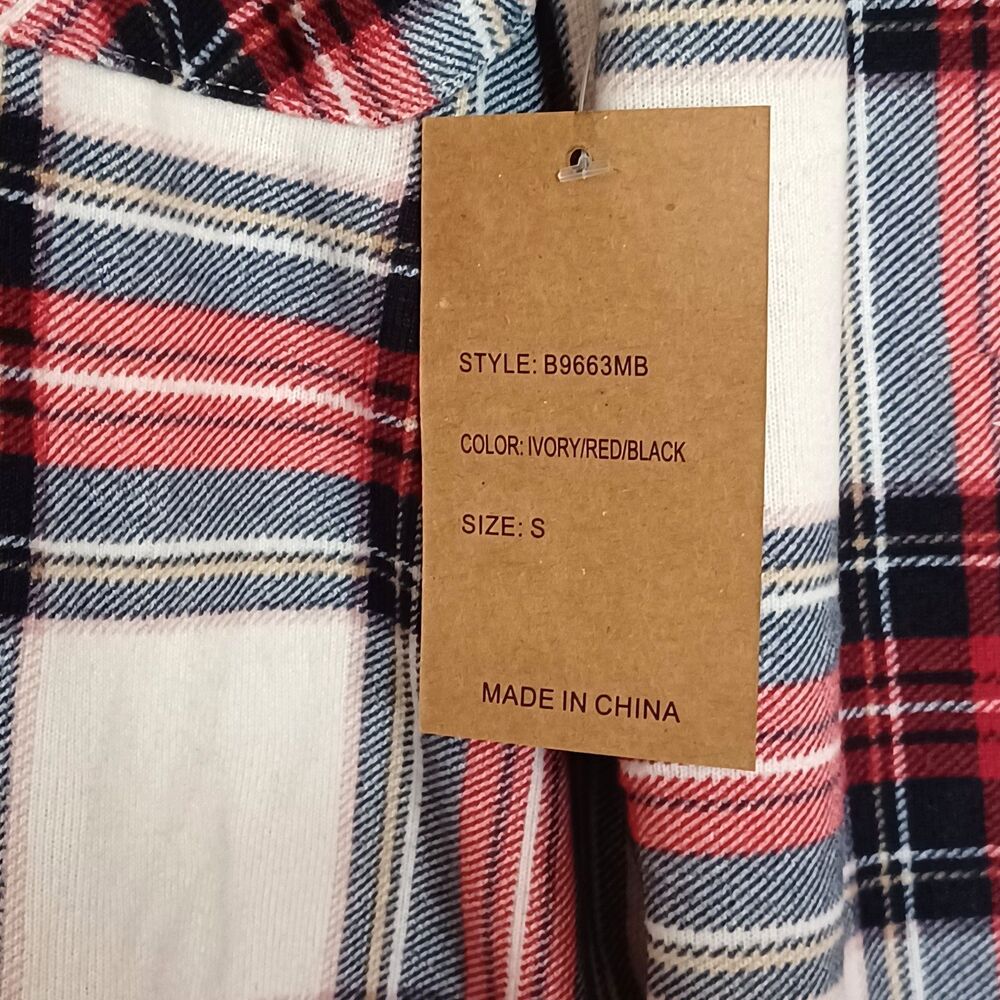 Eden & Olivia Women's S Plaid Hooded Button Up Flannel Top Jacket Ivory/Red/Blk - Picture 8 of 10